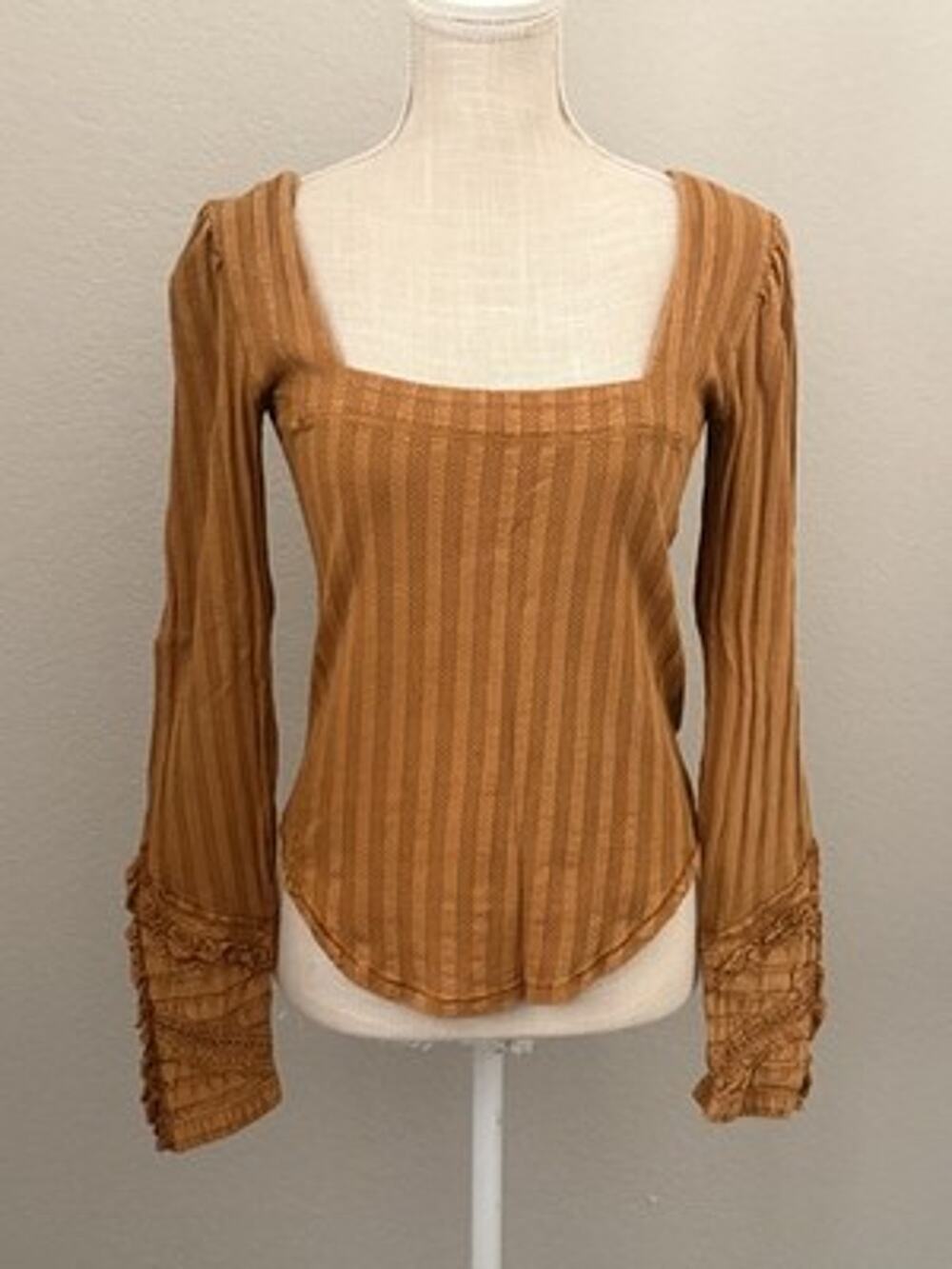 Free People Women’s Dark Tan Brown Peasant Blouse Square Neck Bell Sleeve Boho M